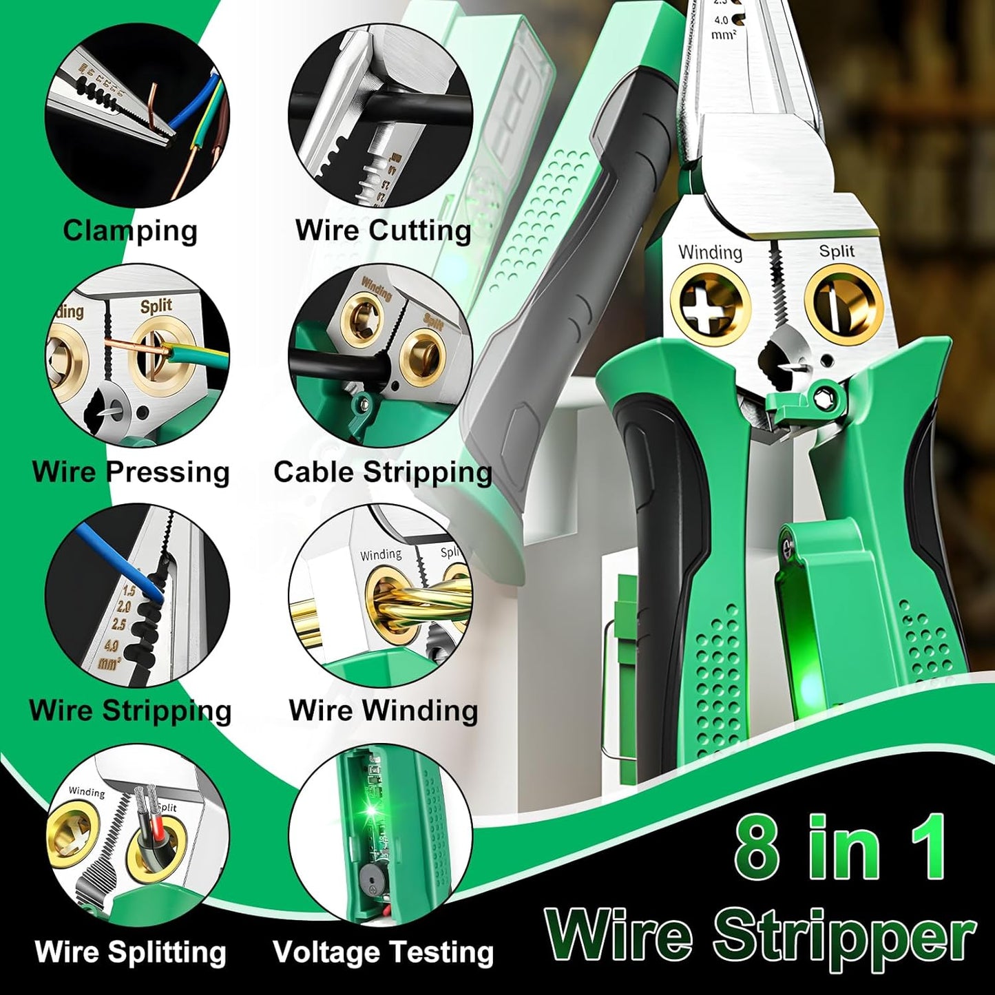 "8-in-1 Heavy Duty Wire Stripper Pliers with Voltage Test"