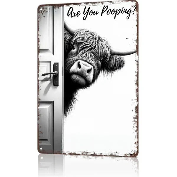 ⏳LAST DAY SALE 49% OFF🔥Vintage Highland Cow Aluminum Sign: Funny "Are You Pooping?" Black and White Bathroom Wall Decor