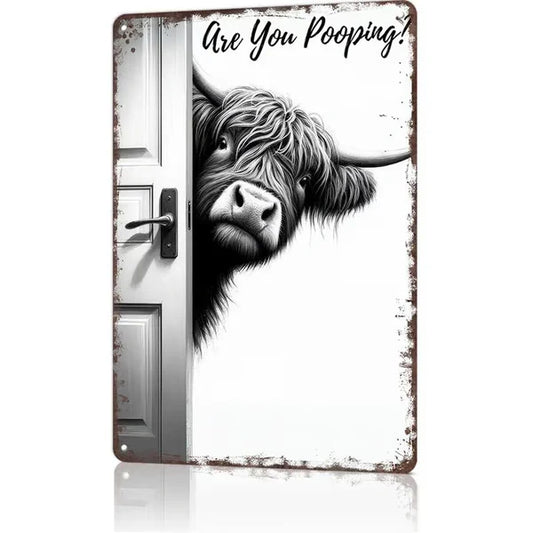 ⏳LAST DAY SALE 49% OFF🔥Vintage Highland Cow Aluminum Sign: Funny "Are You Pooping?" Black and White Bathroom Wall Decor